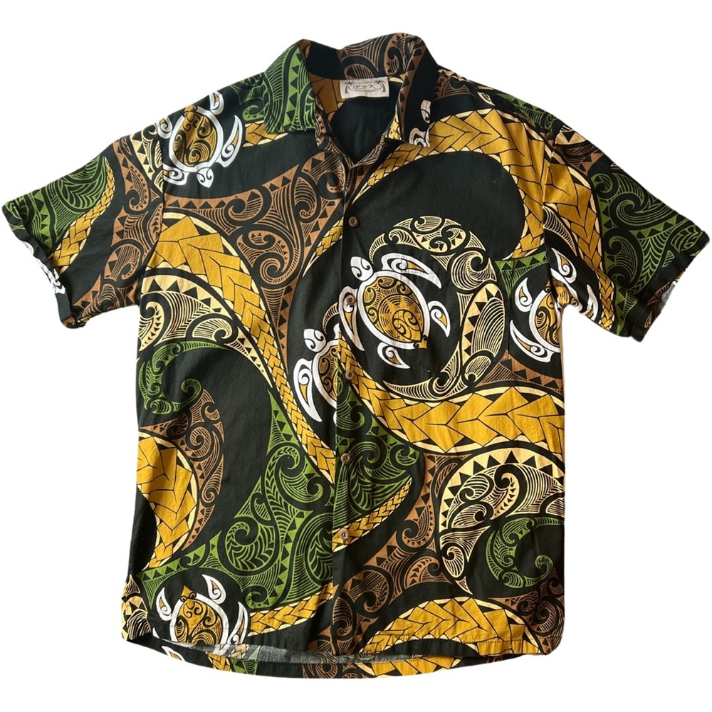 E&K Fashion Sea Turtle Tribal Print Hawaiian Shirt Cotton Men’s L